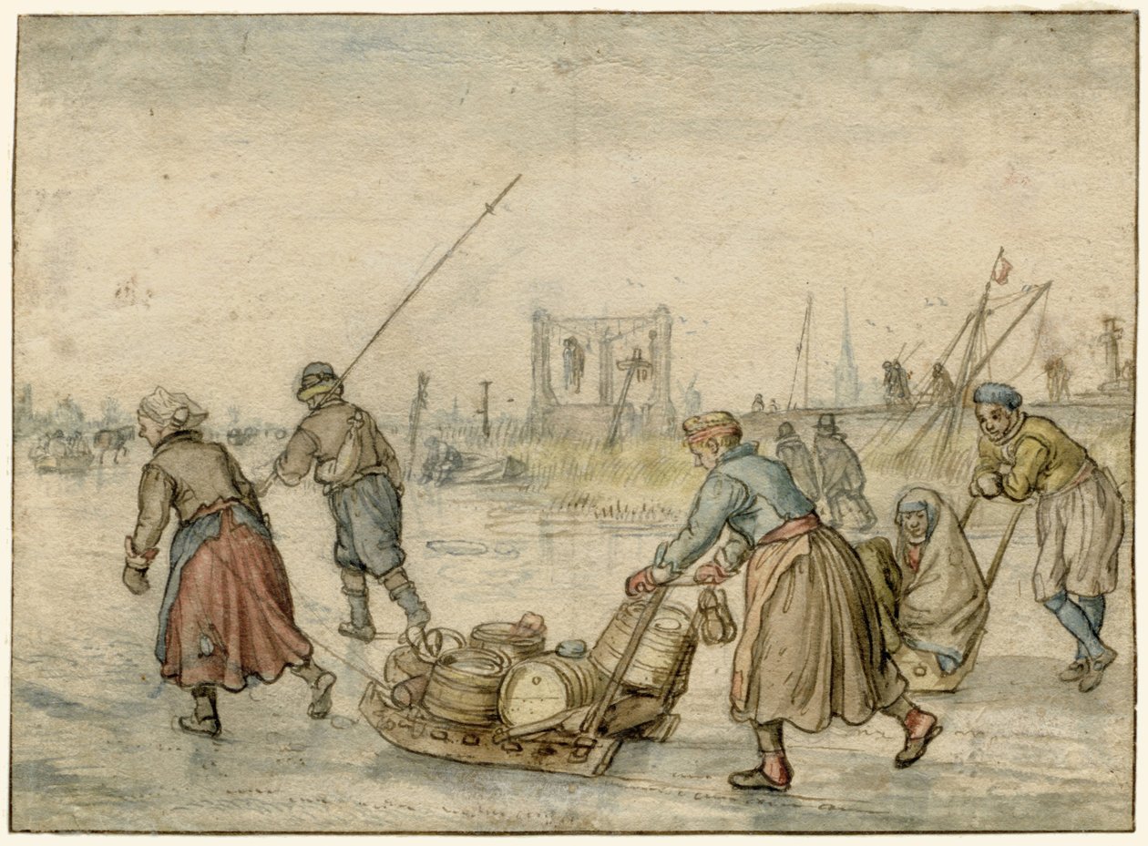 İki Kadın, Bir Kızak ve Buz Üzerinde Diğer Figürlerle Kış Manzarası, Uzakta Bir Darağacı by Hendrick Avercamp