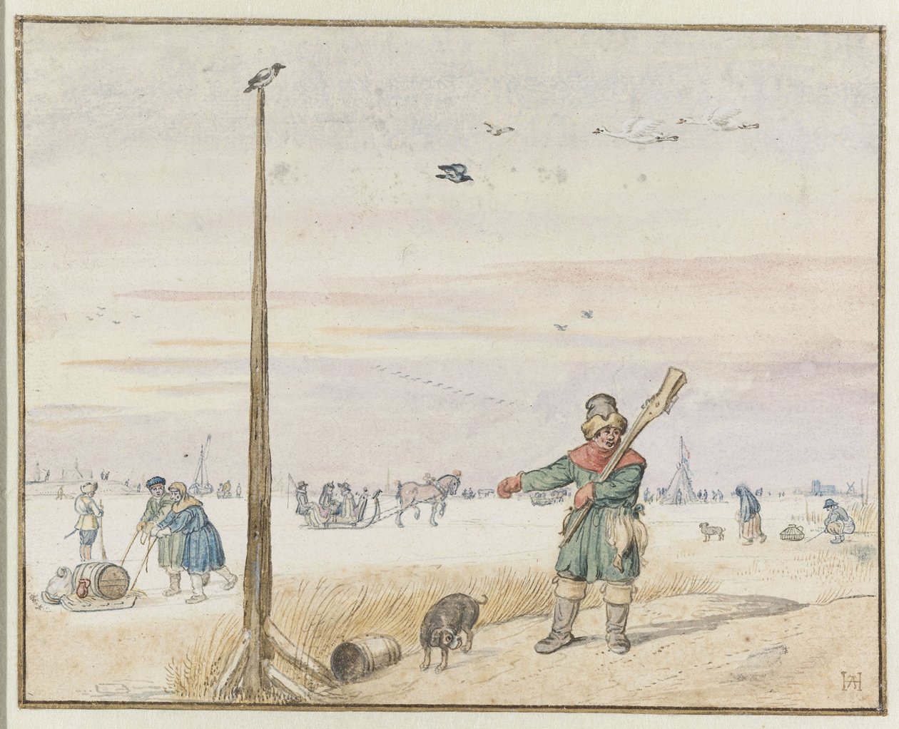 Donmuş Bir Nehrin Kıyısında Kemerinde Oyun ve Omzunun Üzerinde Silahıyla Bir Ördek Avcısı ile Kış Manzarası by Hendrick Avercamp