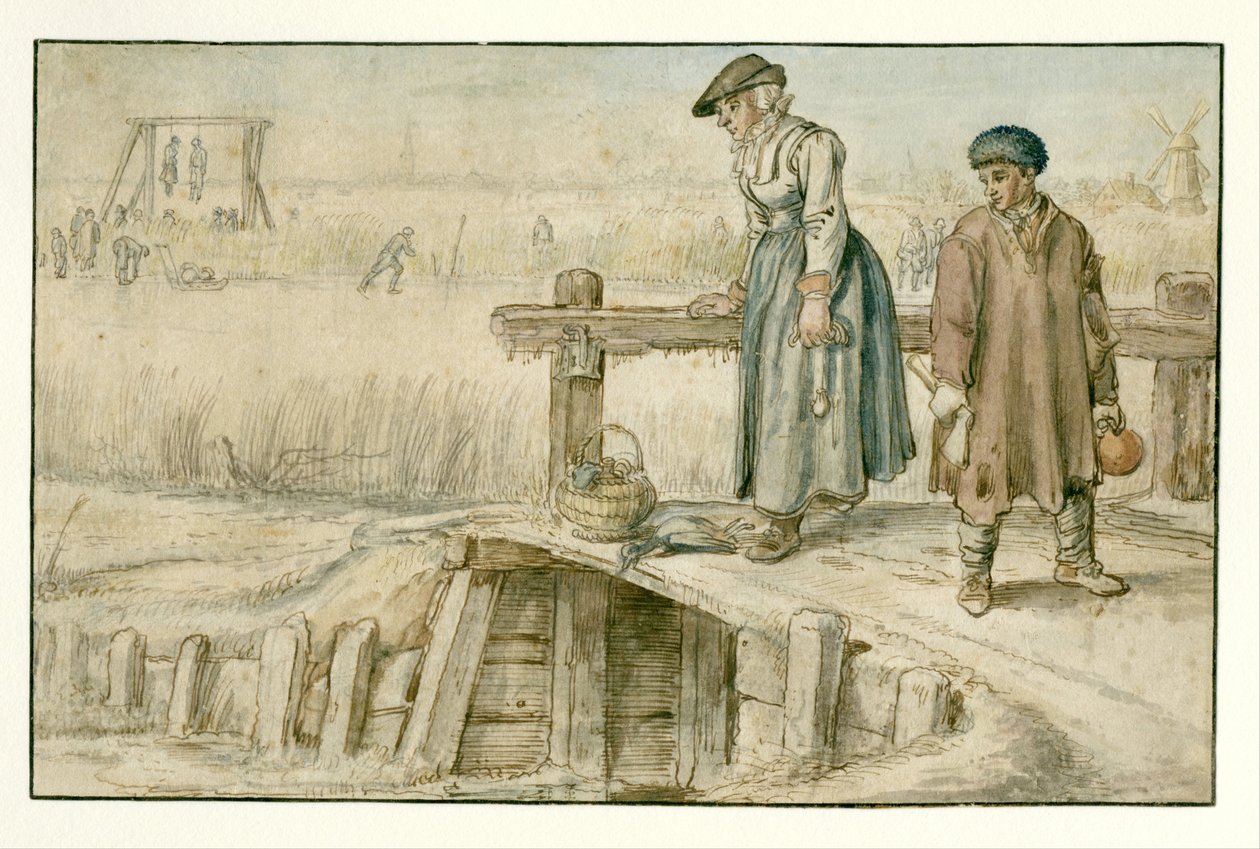 Küçük Bir Köprüde Bir Kadın ve Bir Gençle Kış Manzarası, Patenciler ve Uzakta Bir Darağacı by Hendrick Avercamp