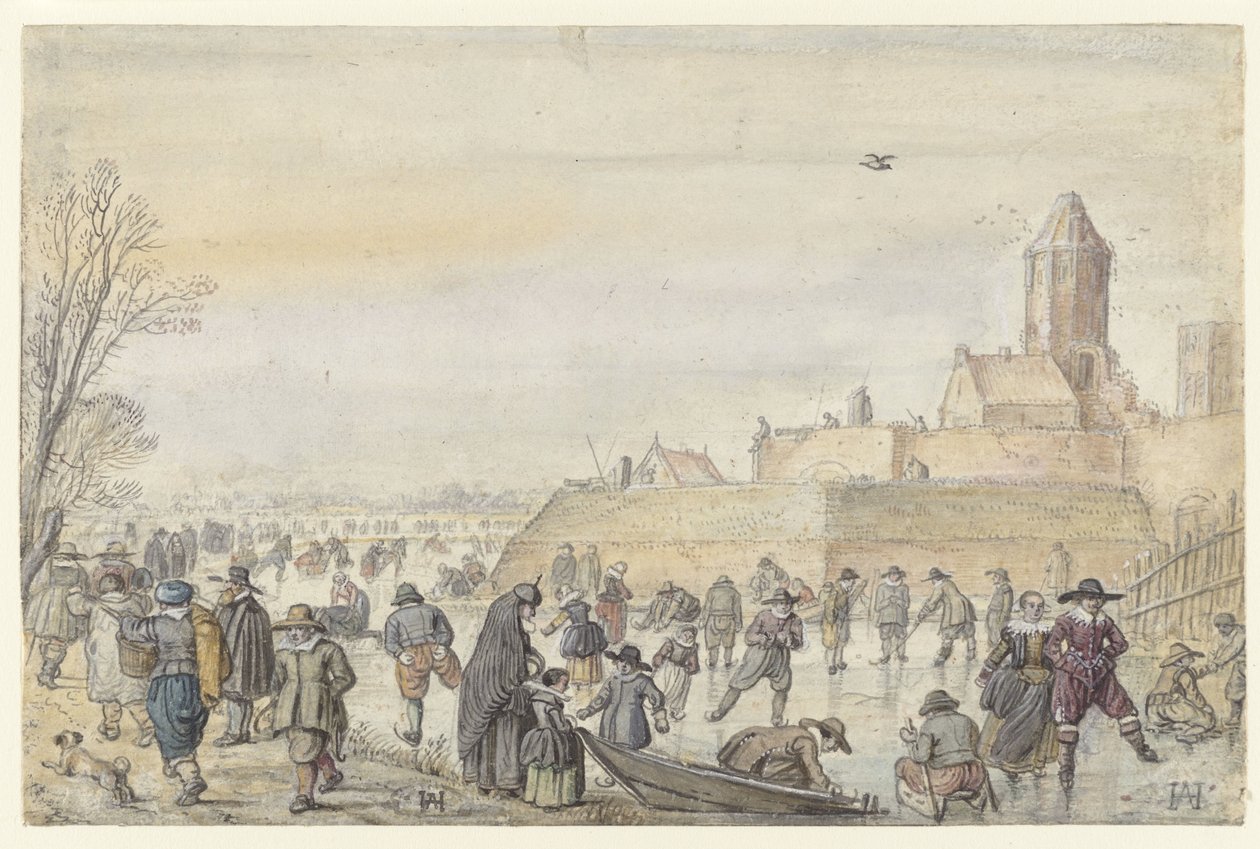 Kalverhekkenpoort yakınlarındaki Donmuş Kanalda Kış Manzarası, Kampen / verso: Buzdaki Figürlerin Eskizleri by Hendrick Avercamp