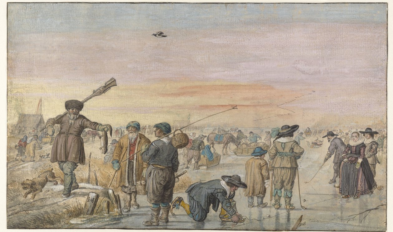 Su samuru gösteren bir avcı ile buz üzerinde kış sahnesi by Hendrick Avercamp
