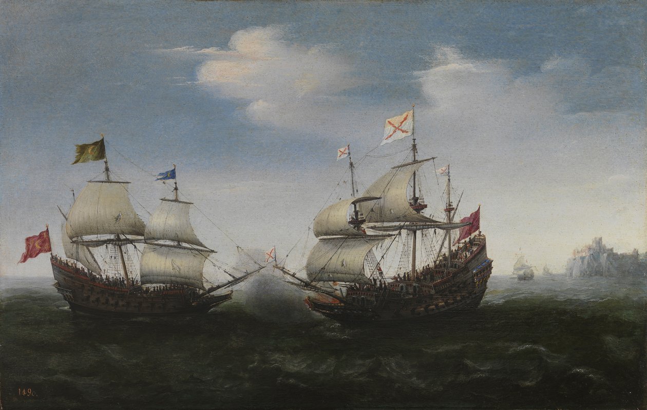 Kayalık bir kıyıya karşı deniz savaşı, 1627 by Hendrick Cornelisz. Vroom