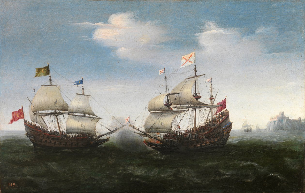 Seksen Yıl Savaşları - (Quatre Vingts Ans veya Hollanda İsyanı veya Dilenciler Savaşı) Vroom, Hendrick Cornelisz tarafından kayalık bir kıyıya karşı deniz savaşı. (1562/3-1640) by Hendrick Cornelisz. Vroom