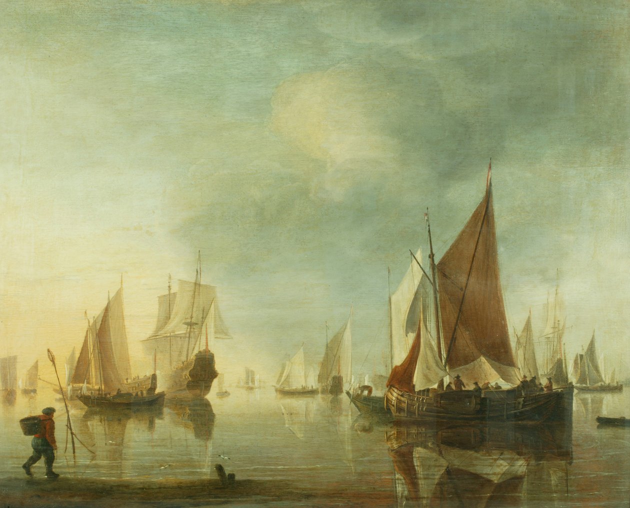 Sakin bir denizde açık denizde demir atarak nakliye; akşam ışığı, c.1650-60 (panel üzerine yağ) by Hendrick Dubbels