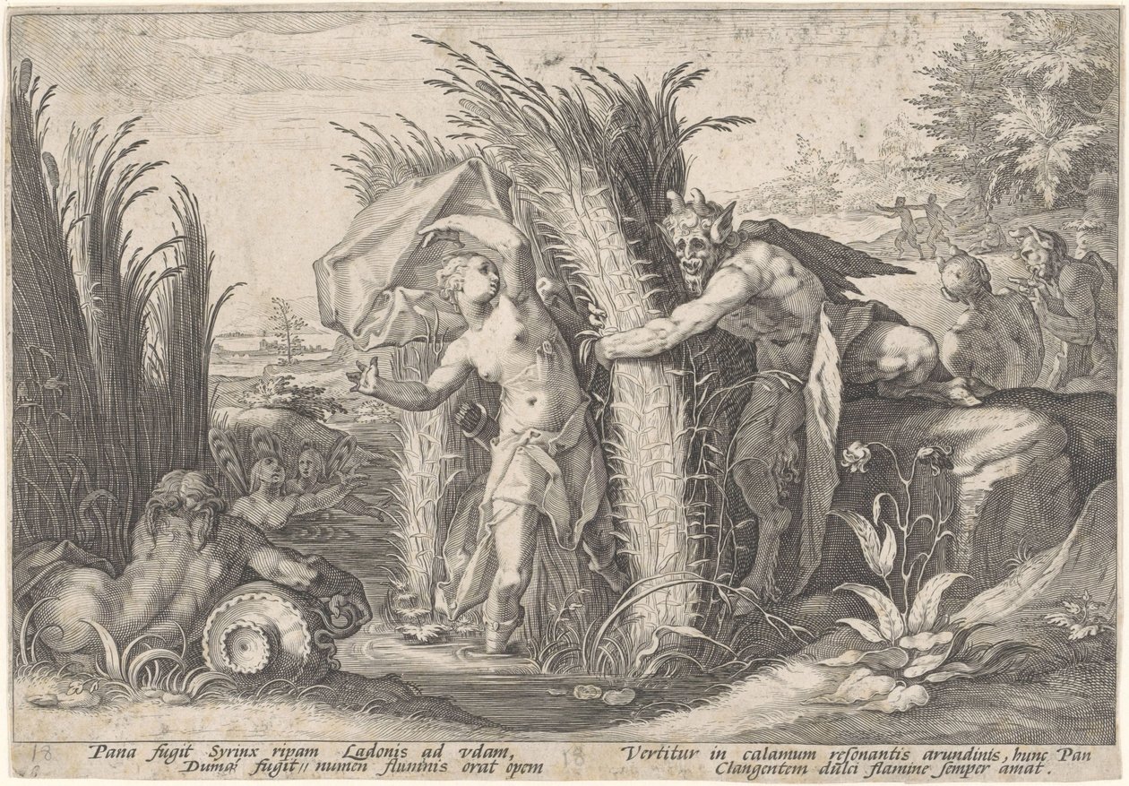 Pan en Syrigx Dönüştürülmüş van Ovid (seri başlığı) by Hendrick Goltzius (workshop of)