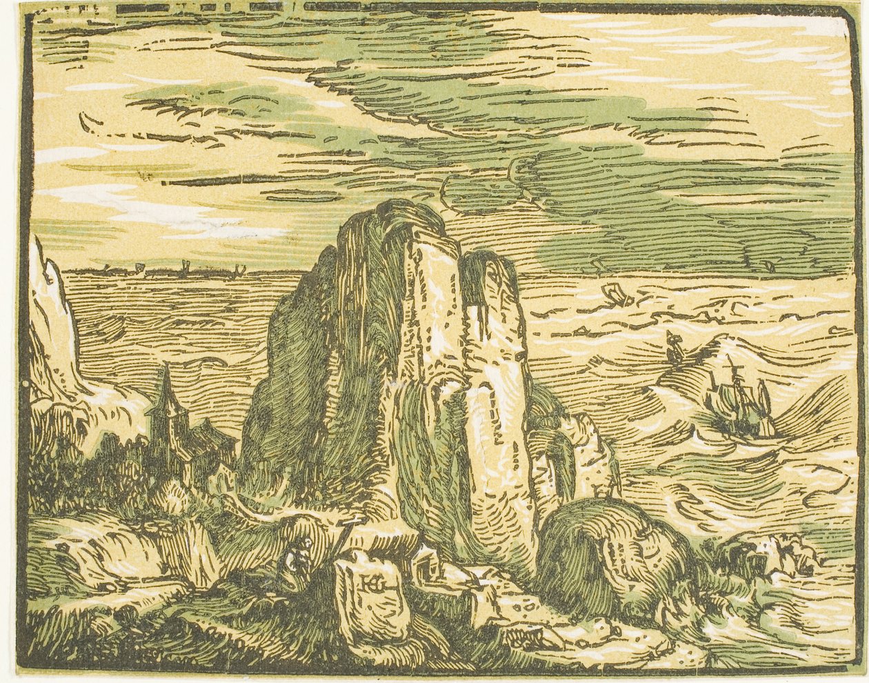 Dört Küçük Manzaradan Bir Deniz Kıyısında Uçurum by Hendrick Goltzius