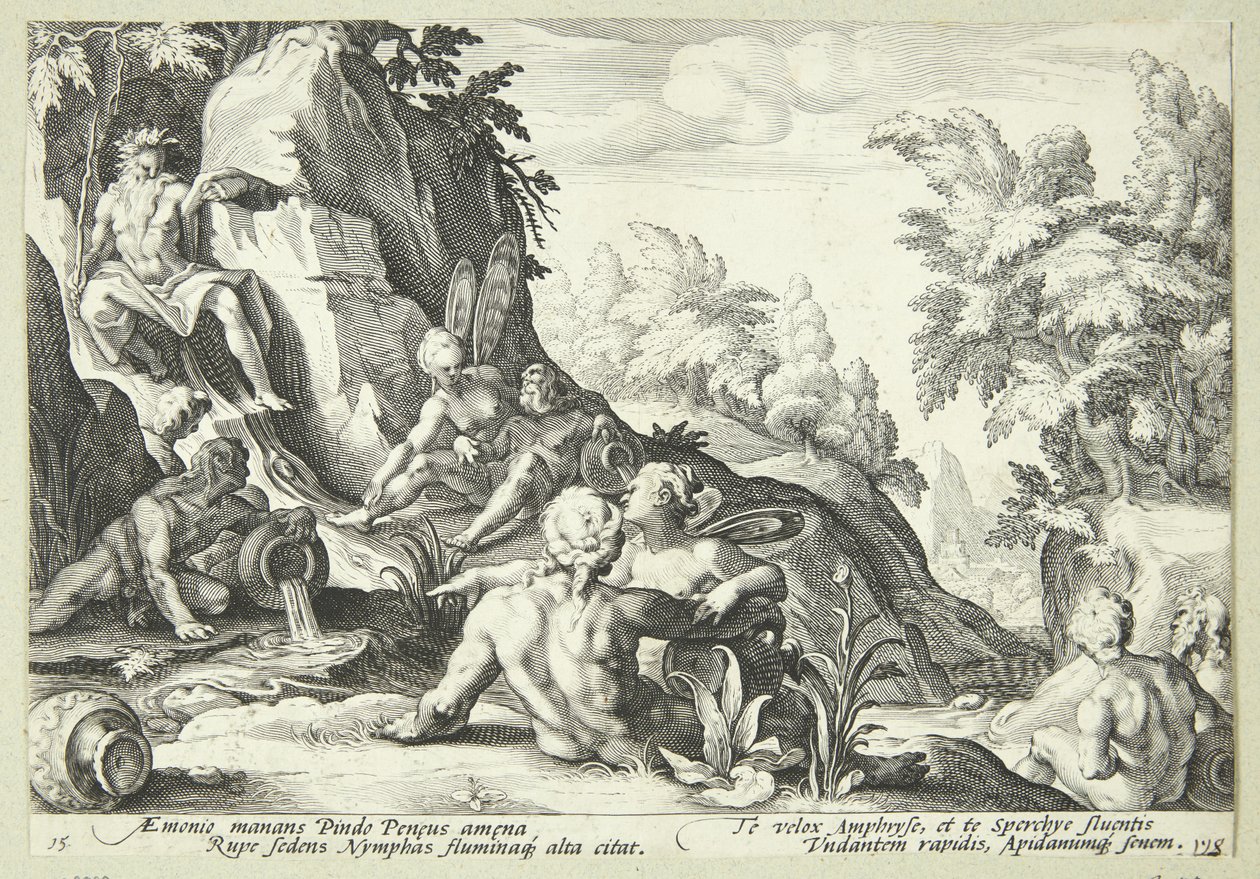 Diğer ilahi figürlerle çevrili nehir tanrısı Peneus by Hendrick Goltzius