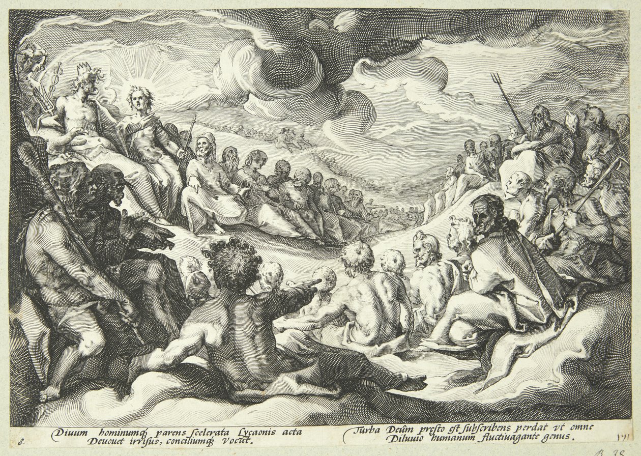 Jüpiter, evrenin yıkımı hakkında tanrılara danışır by Hendrick Goltzius