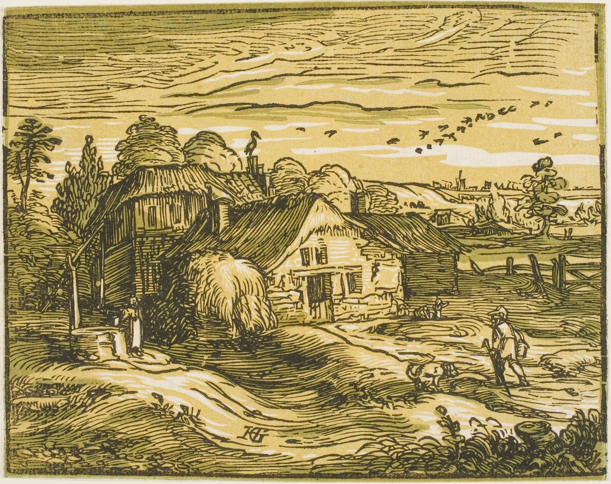 Dört Küçük Manzaradan Bir Çiftlik Evi ile Manzara by Hendrick Goltzius
