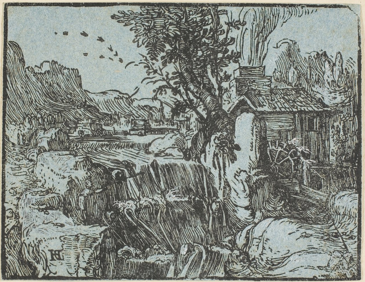 Dört Küçük Manzaradan Şelaleli Manzara by Hendrick Goltzius
