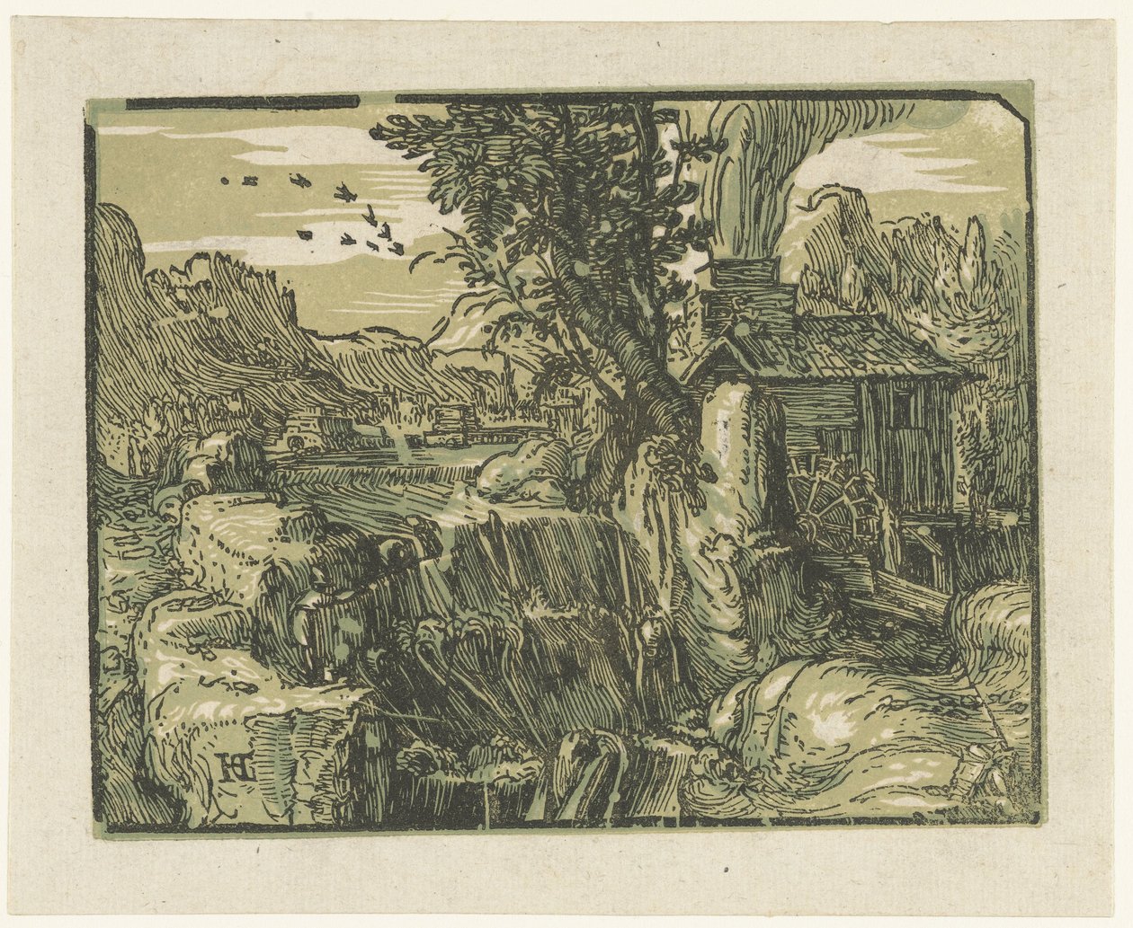 Şelale ile manzara Dört küçük manzara (dizi başlığı) by Hendrick Goltzius