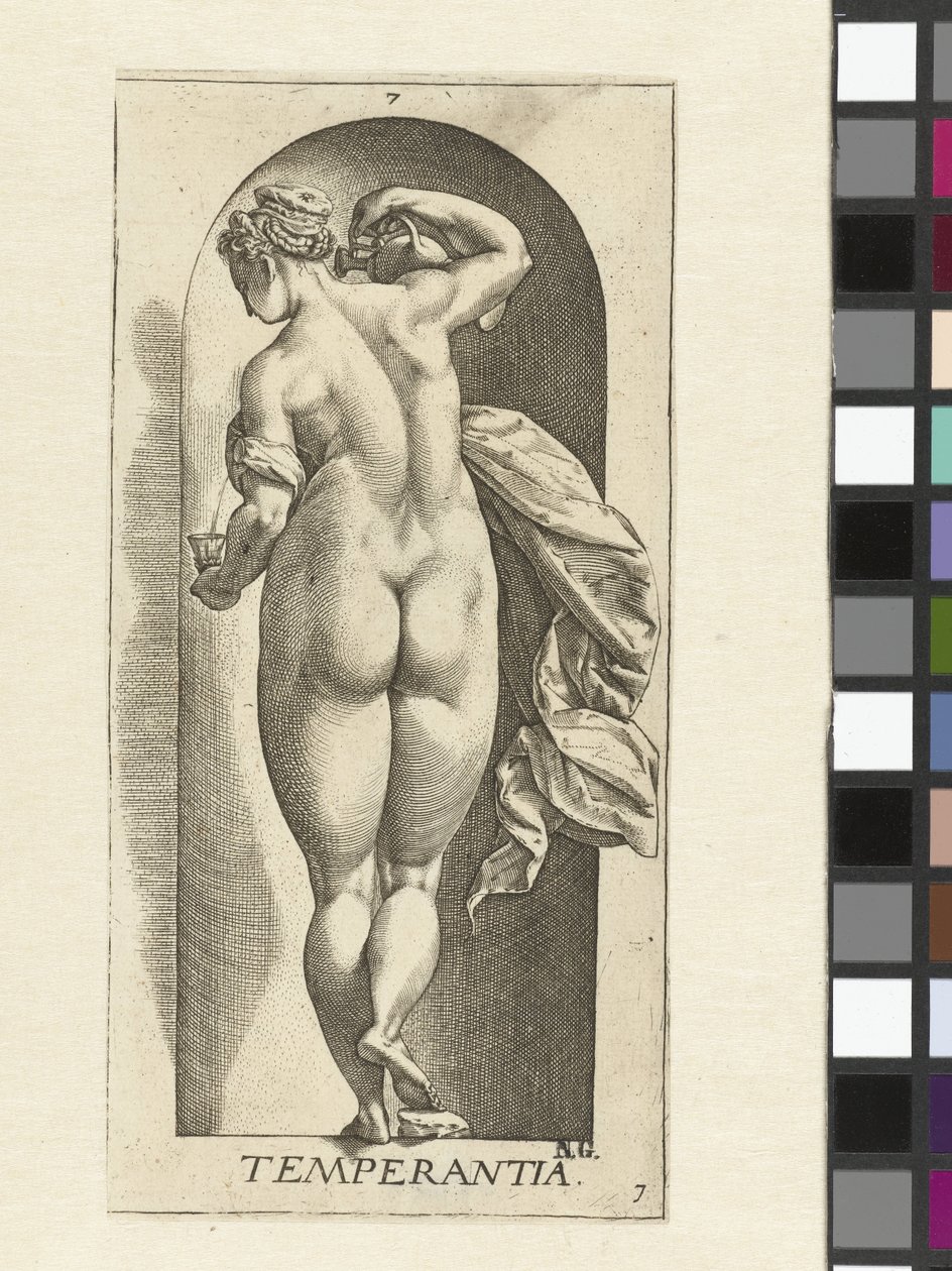 ölçülülük Temperance (nesne üzerindeki başlık) Yedi Erdem (dizi adı) by Hendrick Goltzius