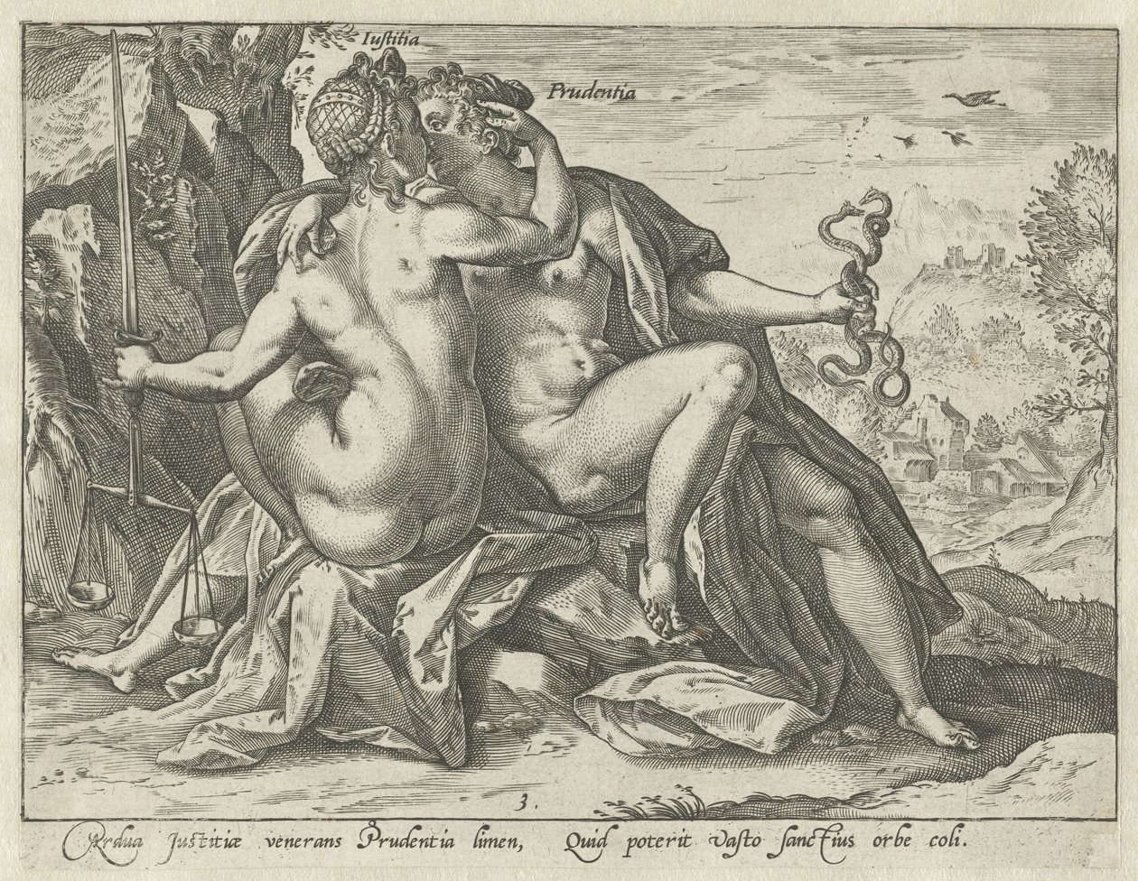 Adalet ve İhtiyat (Justitia / Prudentia) Birleşik Erdemler (dizi başlığı) by Hendrick Goltzius