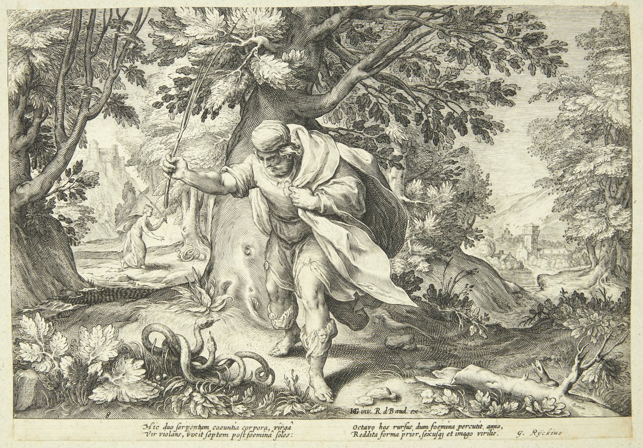 Teiresias sopasıyla iki çiftleşen yılana vurdu by Hendrick Goltzius