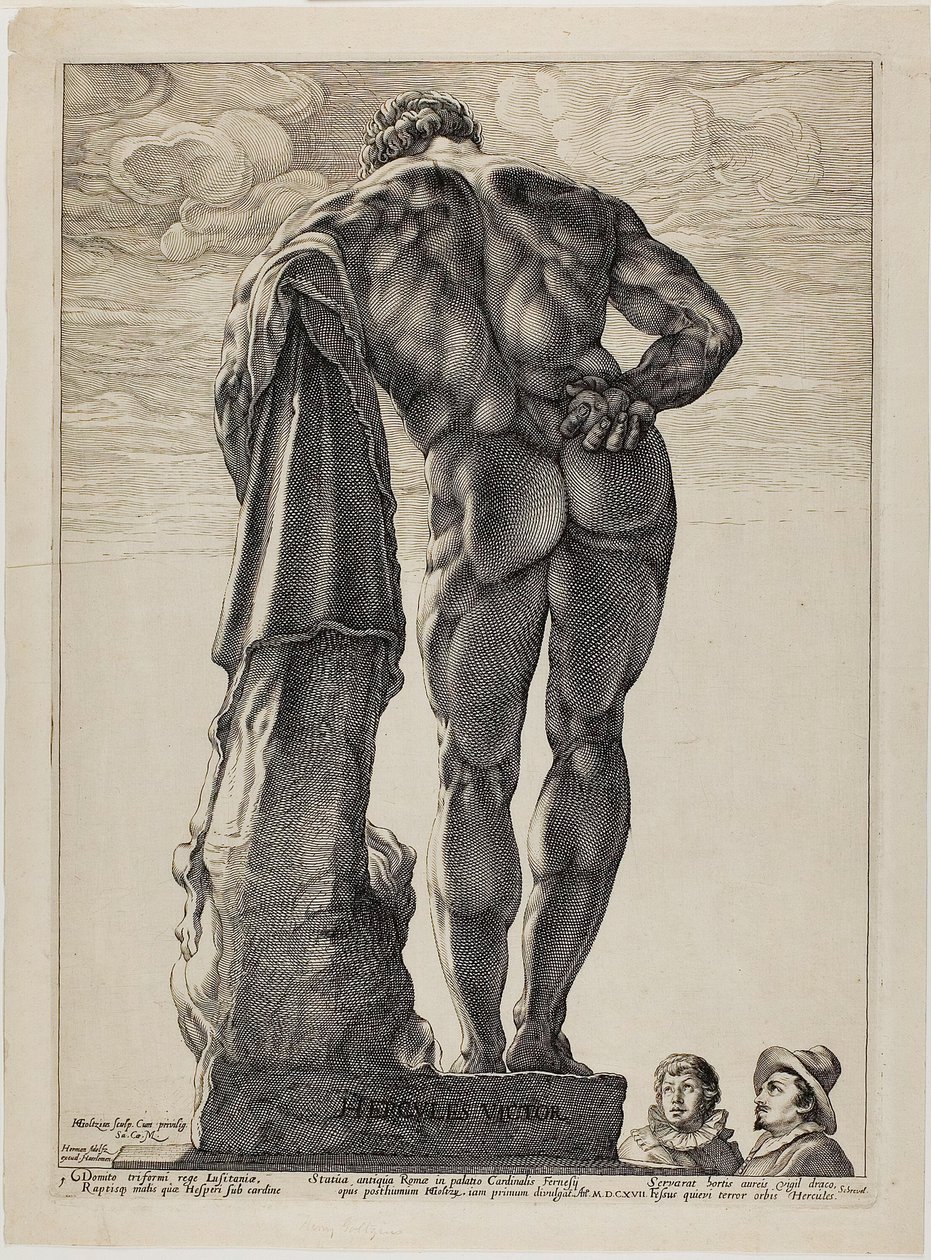 Farnesian Herkül, Üç Ünlü Antik Heykelden bir tabak by Hendrick Goltzius