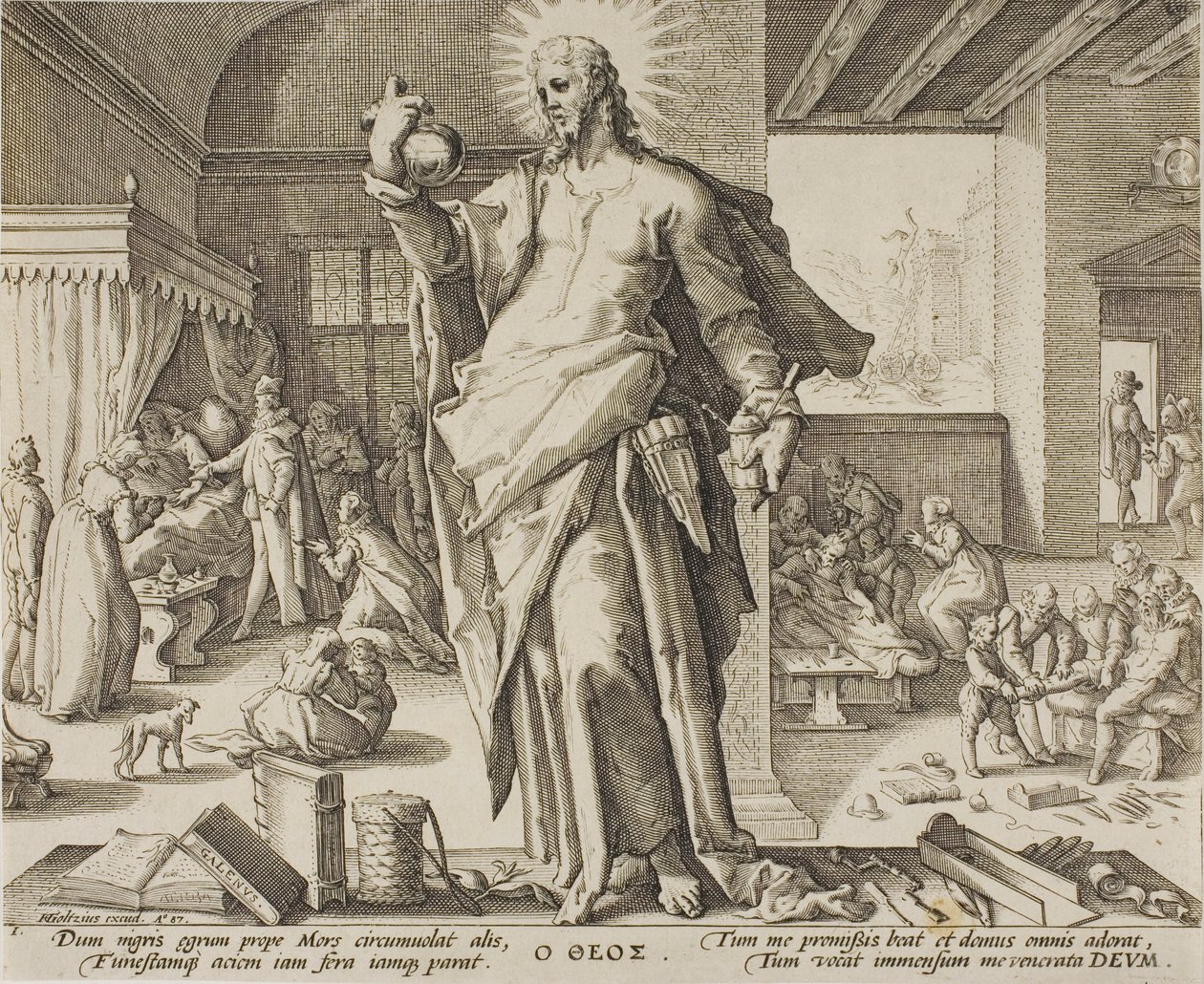 Tanrı Olarak Kabul Edilen Hekim, Tıp Mesleği Alegorilerinden bir tabak. by Hendrick Goltzius