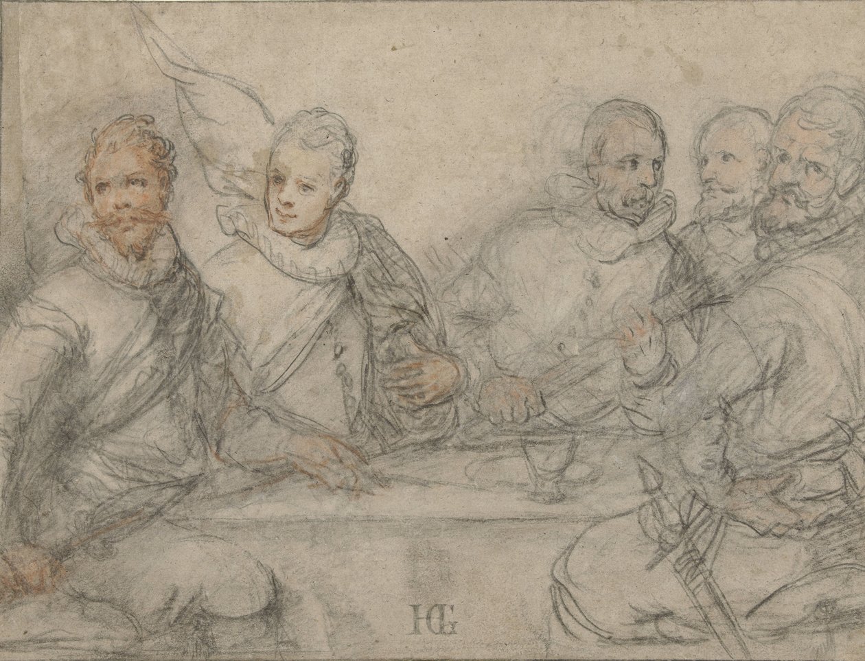 Beş memur, silahlı adam yemeği için çalışın. by Hendrick Goltzius