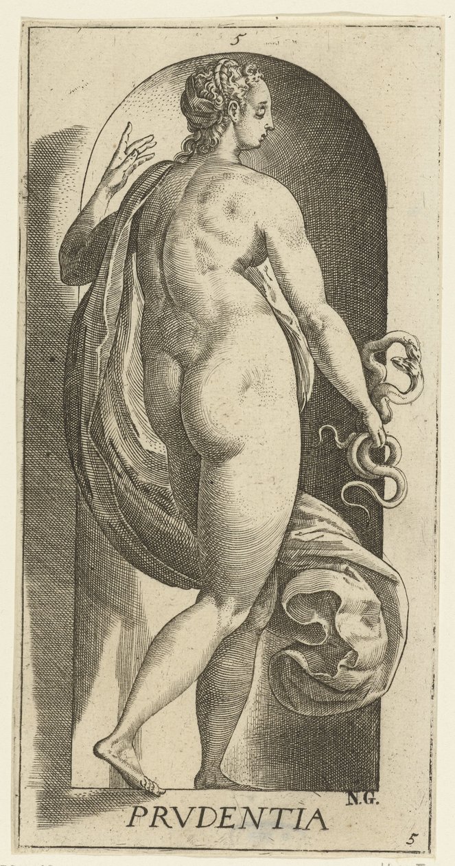 Dikkat Prudentia (nesne üzerindeki başlık) Yedi Erdem (dizi adı) by Hendrick Goltzius