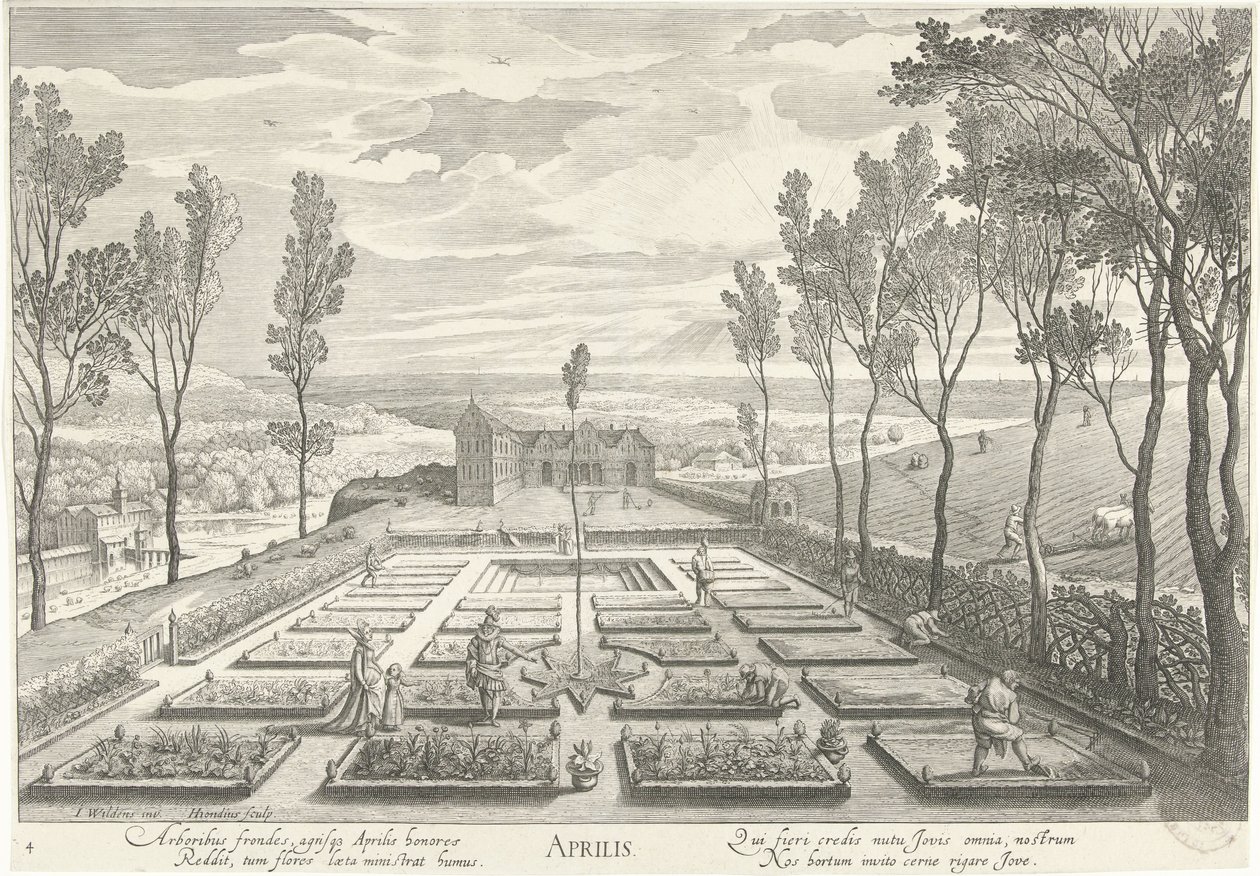 Nisan, bir bahçede bir şirketle Aprilis (nesne üzerindeki başlık) On İki Ay (dizi adı) by Hendrick Hondius (I)