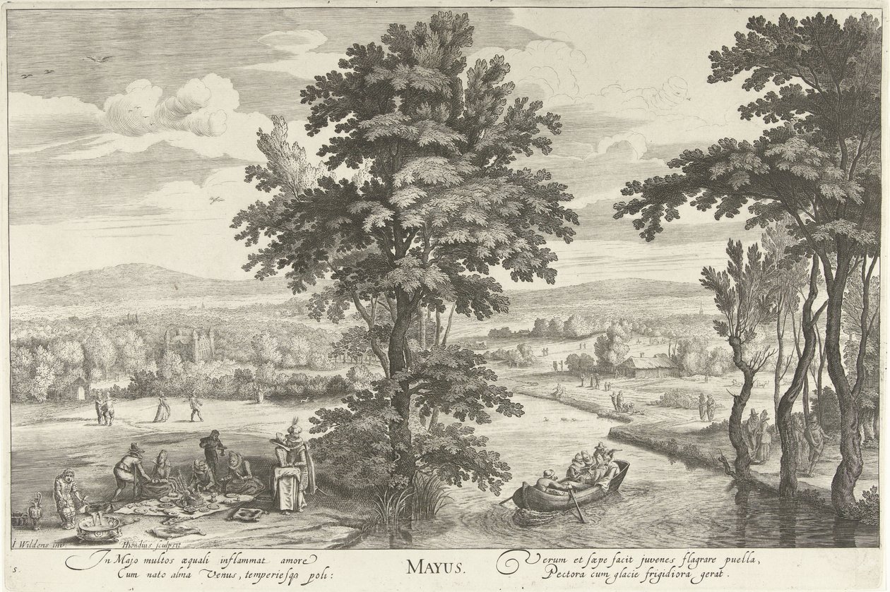 Mayıs, bir manzarada bir şirketle Mayus (nesne üzerindeki başlık) On İki Ay (dizi adı) by Hendrick Hondius (I)