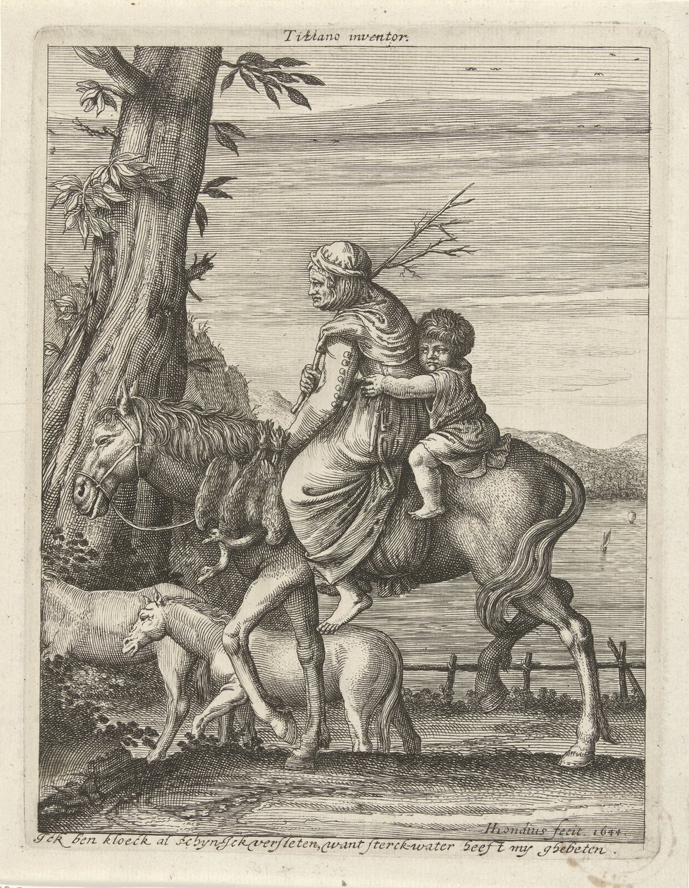 At sırtında kadın ve çocuk by Hendrick Hondius (I)