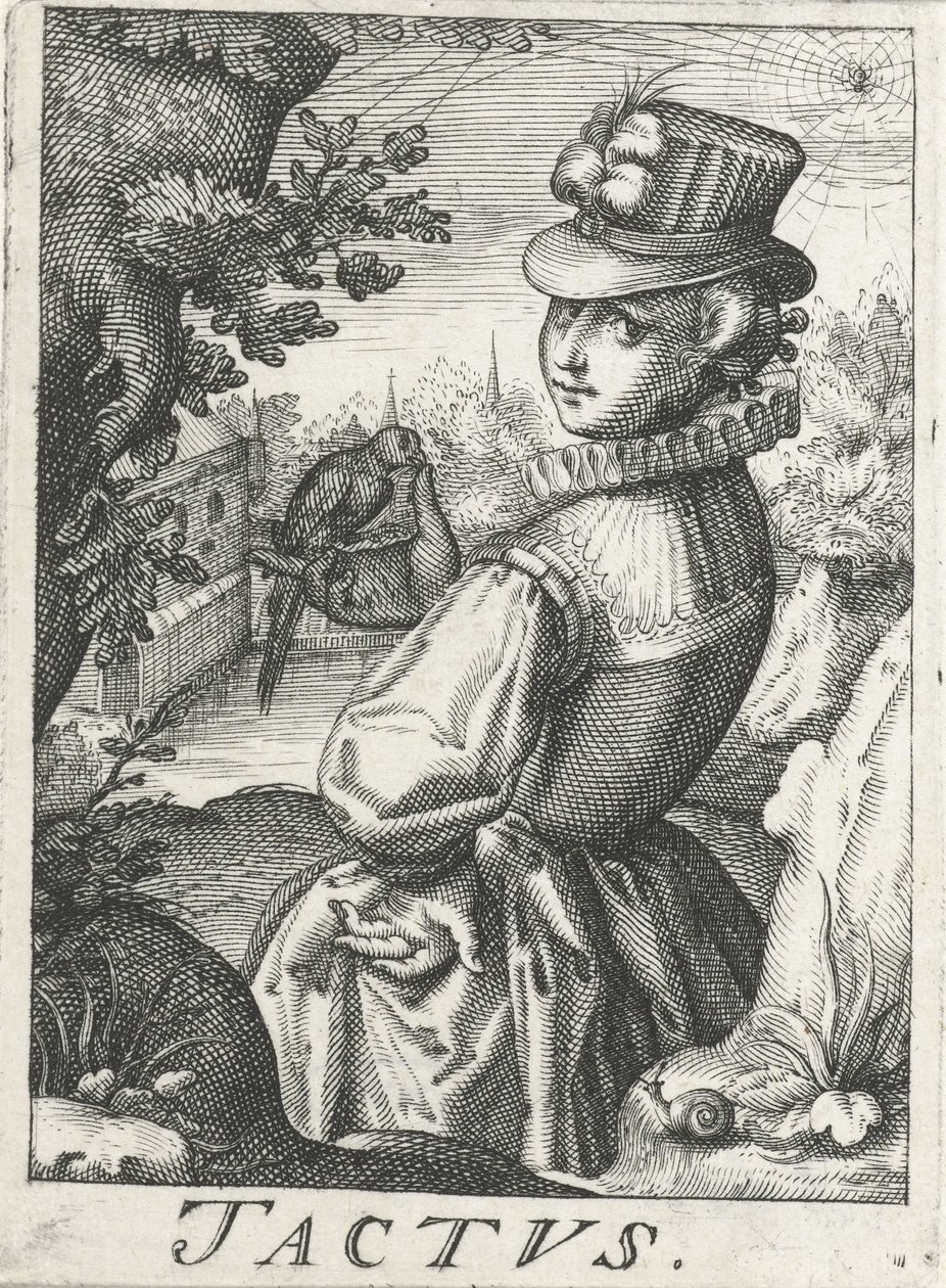 Duygu (Tactus), kuşu olan bir kadın Tactus (nesne üzerindeki başlık) Beş duyu (dizi adı) by Hendrick Hondius (rejected attribution)