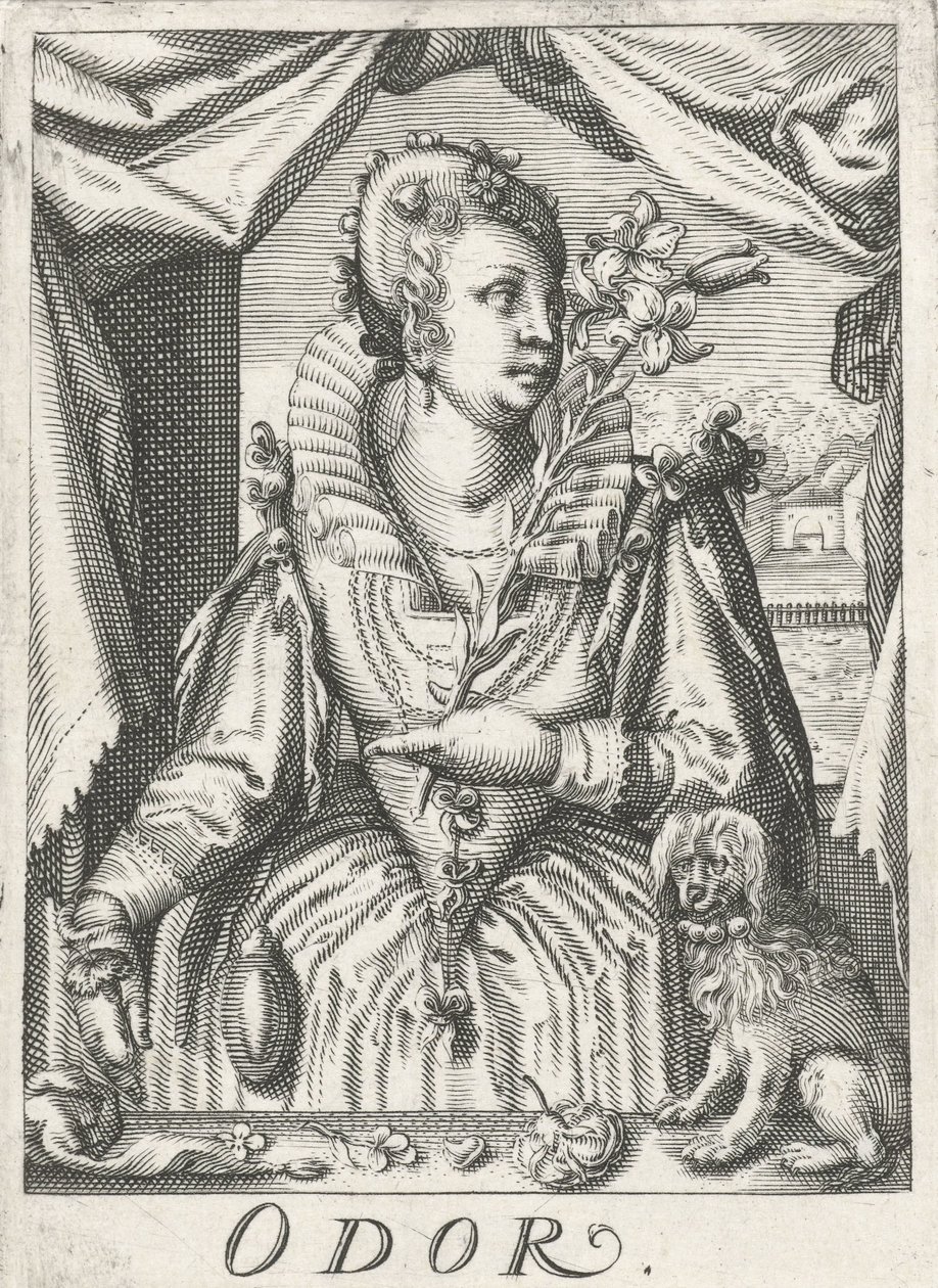 Koku (Koku), çiçek dalı olan bir kadın Koku (nesne üzerindeki başlık) Beş duyu (dizi adı) by Hendrick Hondius (rejected attribution)