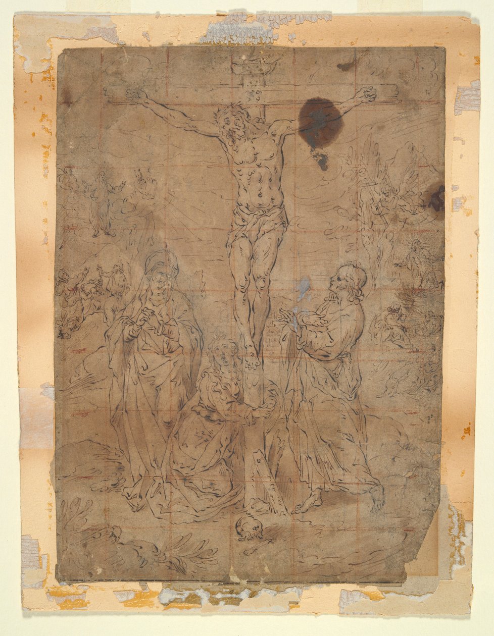 Arka Planda Tutku Sahneleri ile Bakire ve St. John Arasındaki Haç Üzerindeki İsa by Hendrick de Clerck