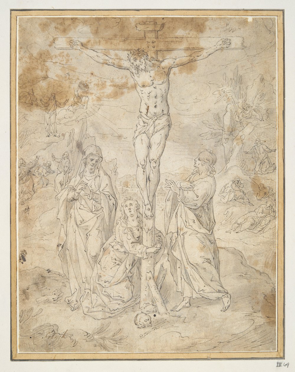 Arka Planda Tutku Sahneleri ile Bakire ve Aziz John arasındaki Haç Üzerindeki İsa by Hendrick de Clerck