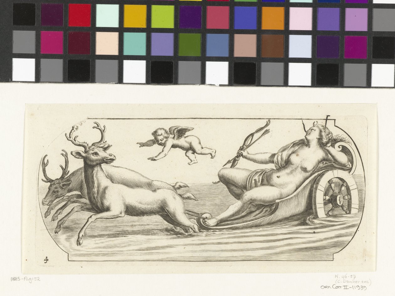Diana bir arabada Nouveau Livre des Dieux et Deeßes De la Marine Bouckje Deniz Tanrıları ve Tanrıçaları (dizi başlığı) by Hendrick de Keyser (I)