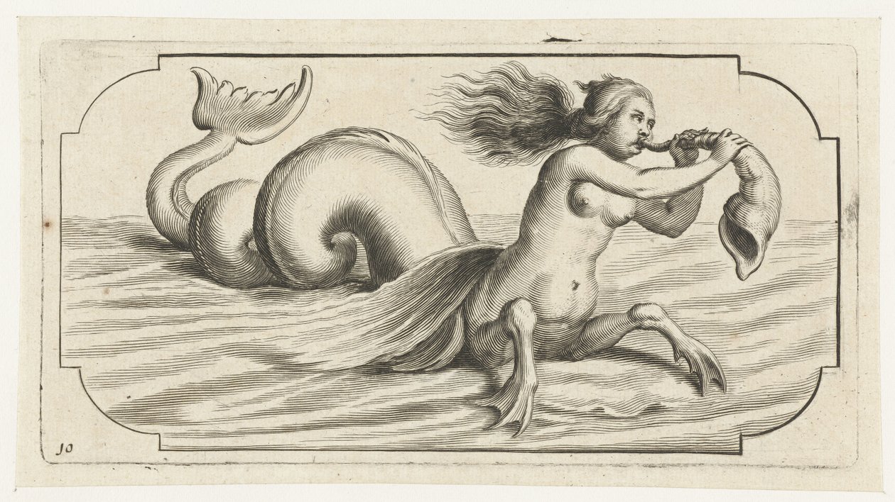 Bir kadın figürü bir kabuğa esiyor Nouveau Livre des Dieux et Deeßes De la Marine Bouckje Deniz Tanrıları ve Tanrıçaları (dizi başlığı) by Hendrick de Keyser (I)