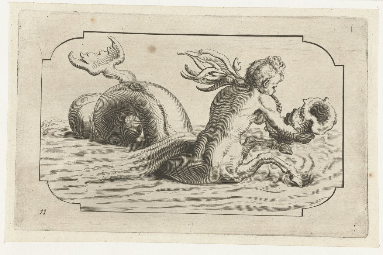 Üst vücudu erkek olan denizatı Nouveau Livre des Dieux et Deeßes De la Marine Bouckje Deniz Tanrıları ve Tanrıçaları (dizi başlığı) by Hendrick de Keyser (I)