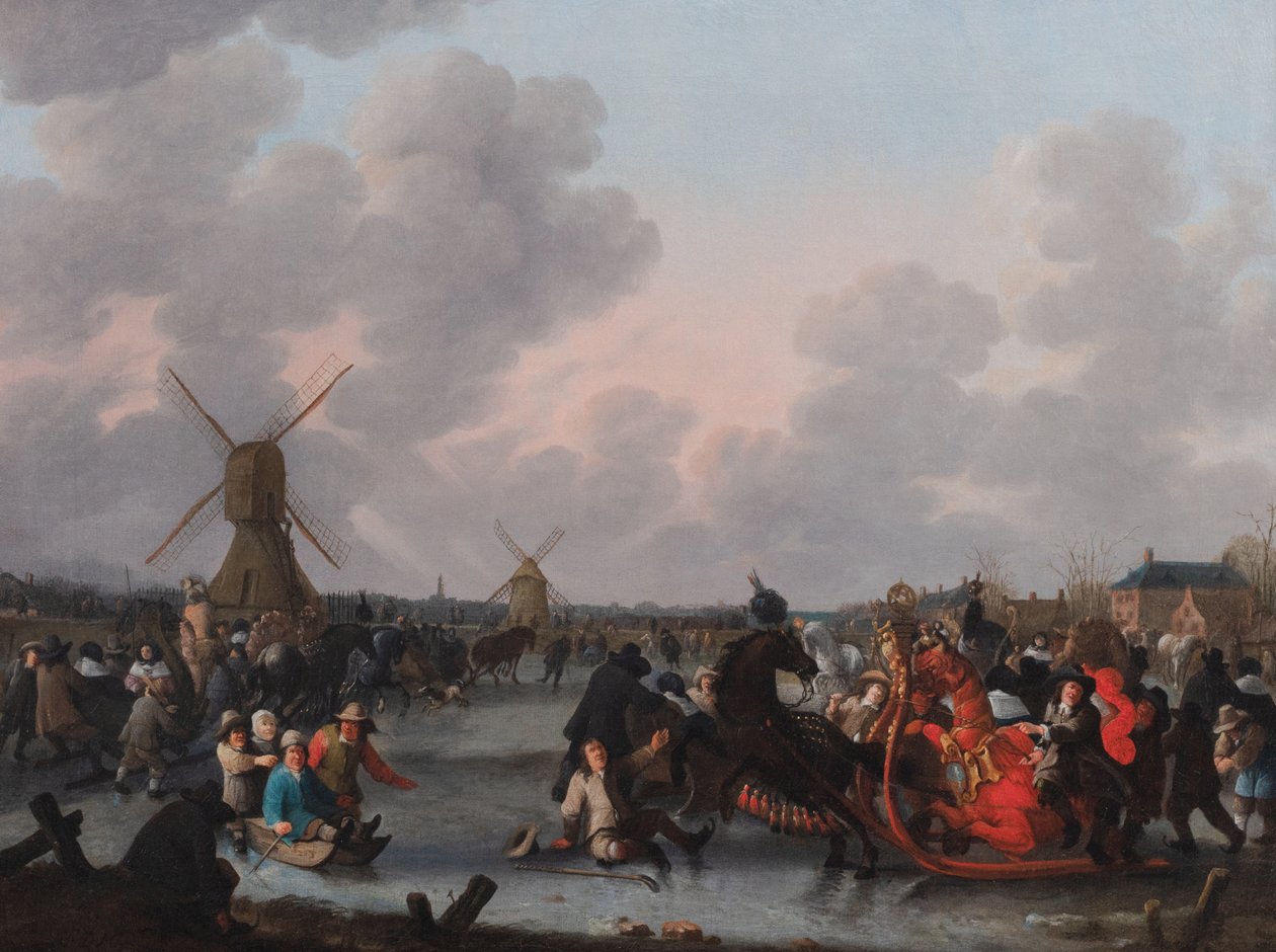 Buz Üzerinde Sayısız Atlı Kızakla Bir Kış Manzarası by Hendrick de Meijer