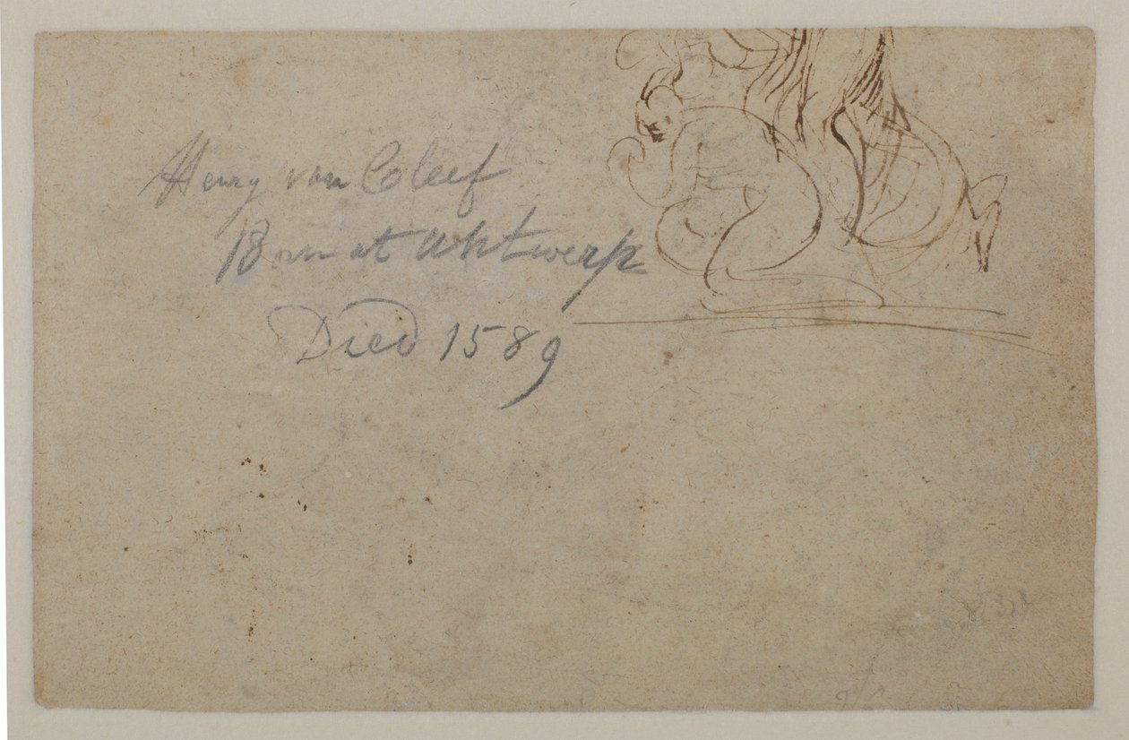 Daha sonraki bir elden açıklama. Çömelmiş bir figür ve büyüyen bir atın çizimi, ?, 16. yüzyıl by Hendrick van Cleve