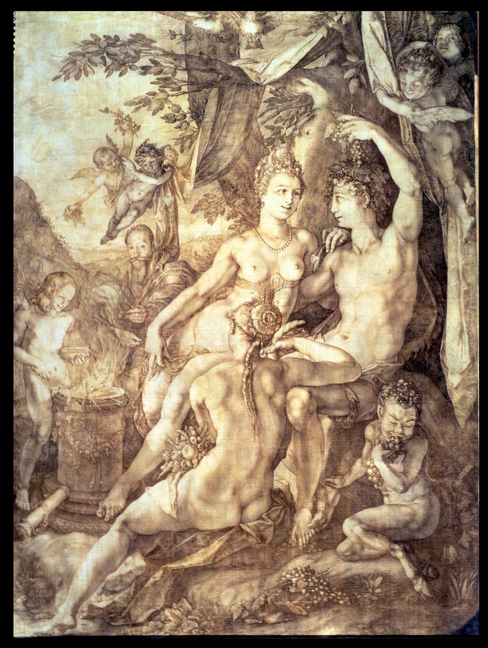 Bacchus, Venüs ve Ceres, c.1606 (kalem ve kahverengi mürekkep) by Hendrik Goltzius