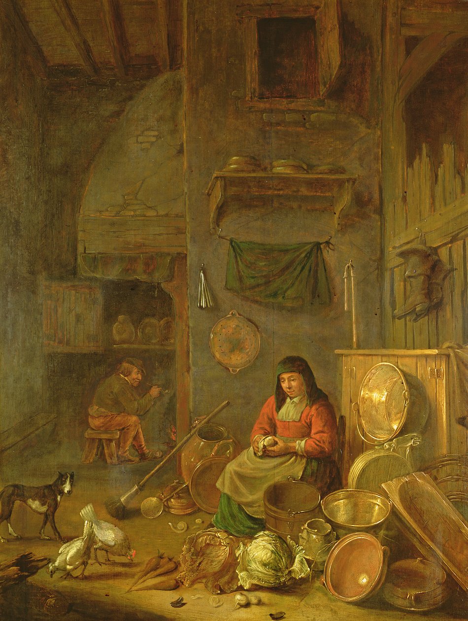 Bir Köpeğin Yanında Patates Soyan Bir Kadının Olduğu Bir Mutfak İçi, Bir Ateşin Önünde Sigara İçen Bir Adam by Hendrik Martensz Sorgh
