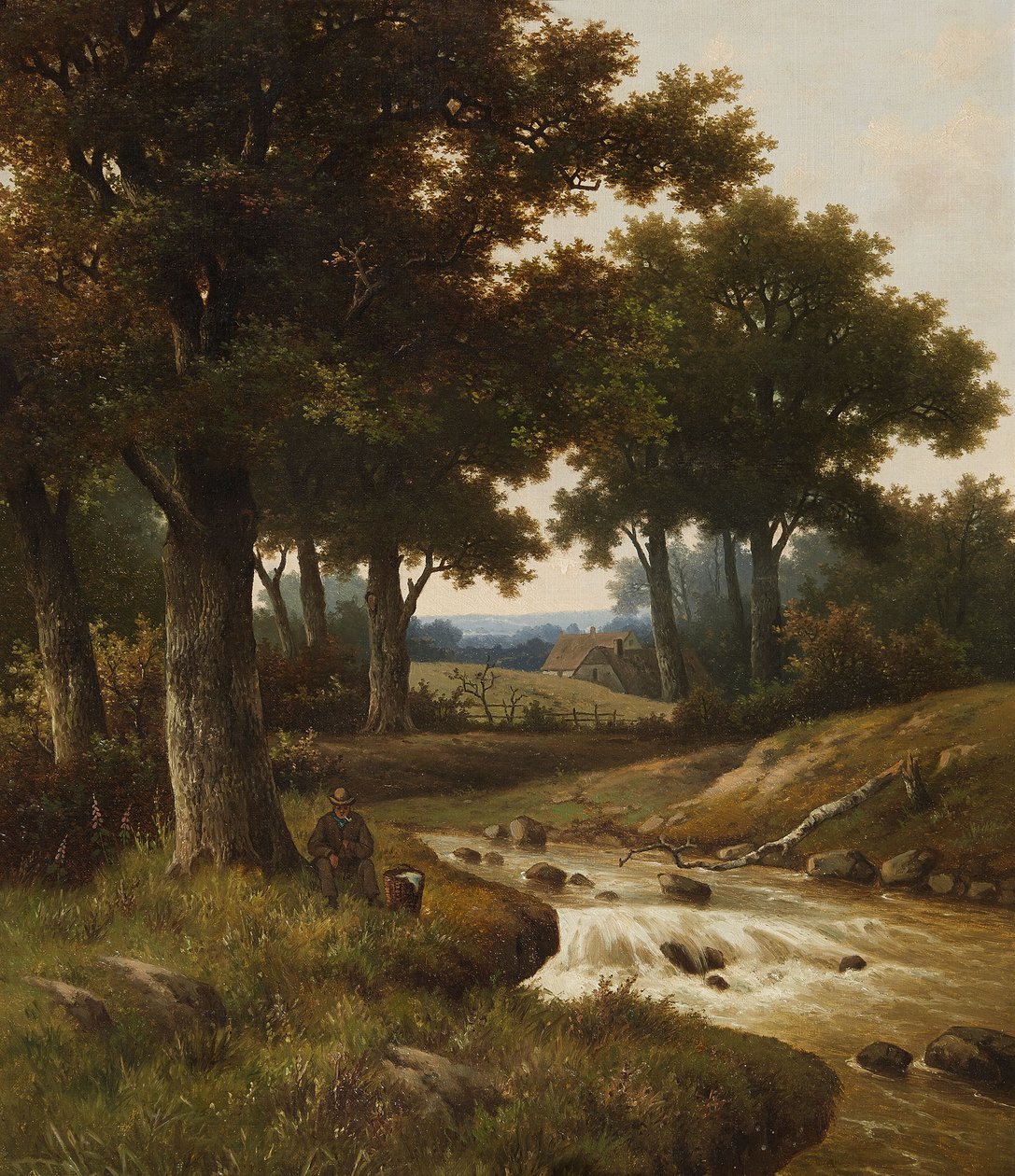 Arka planda evleri olan ormanlık nehir manzarası by Hendrik Pieter Koekkoek
