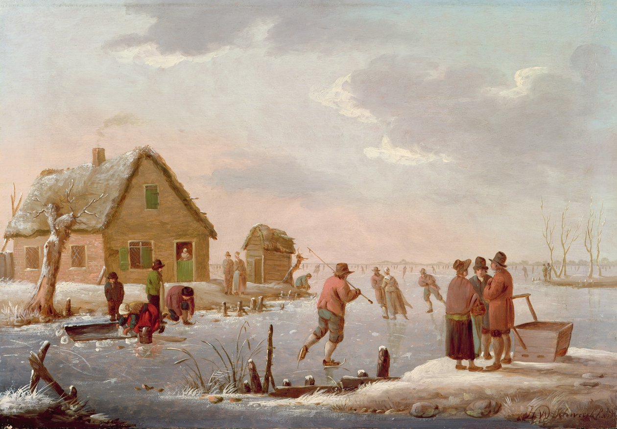 Bir Kış Manzarasında Buz Pateni Yapan Figürler (panel) by Hendrik Willem Schweickardt