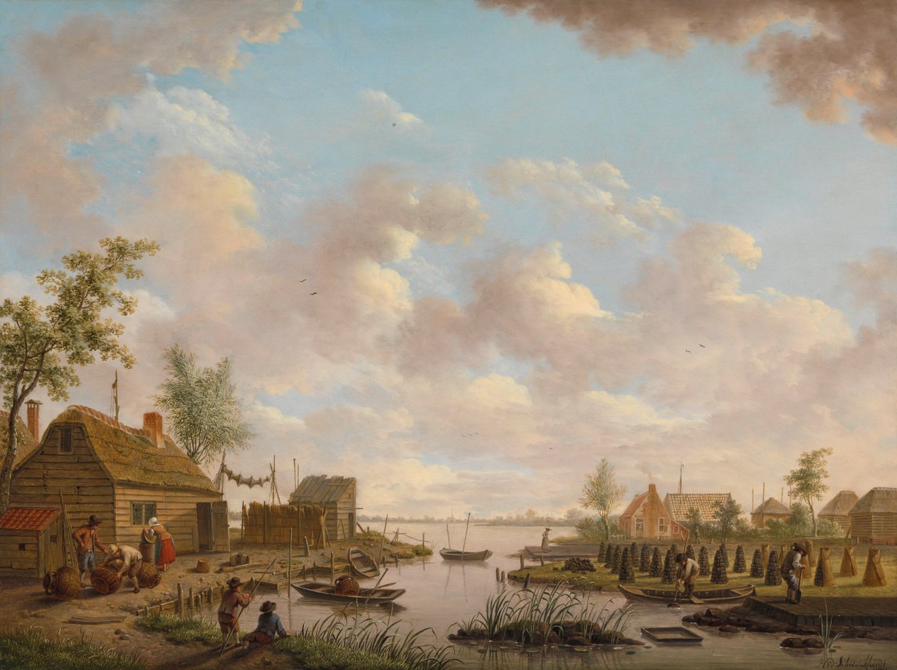 Landschap met vissers en turfstekende boeren in het laagveen by Hendrik Willem Schweickhardt
