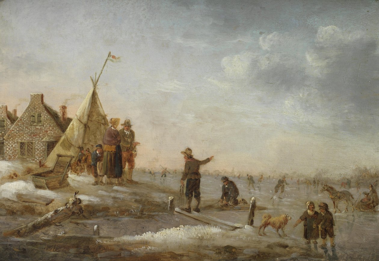 Bir köyün önünde buz pateni yapan buz pateni ile kış manzarası by Hendrik Willem Schweickhardt