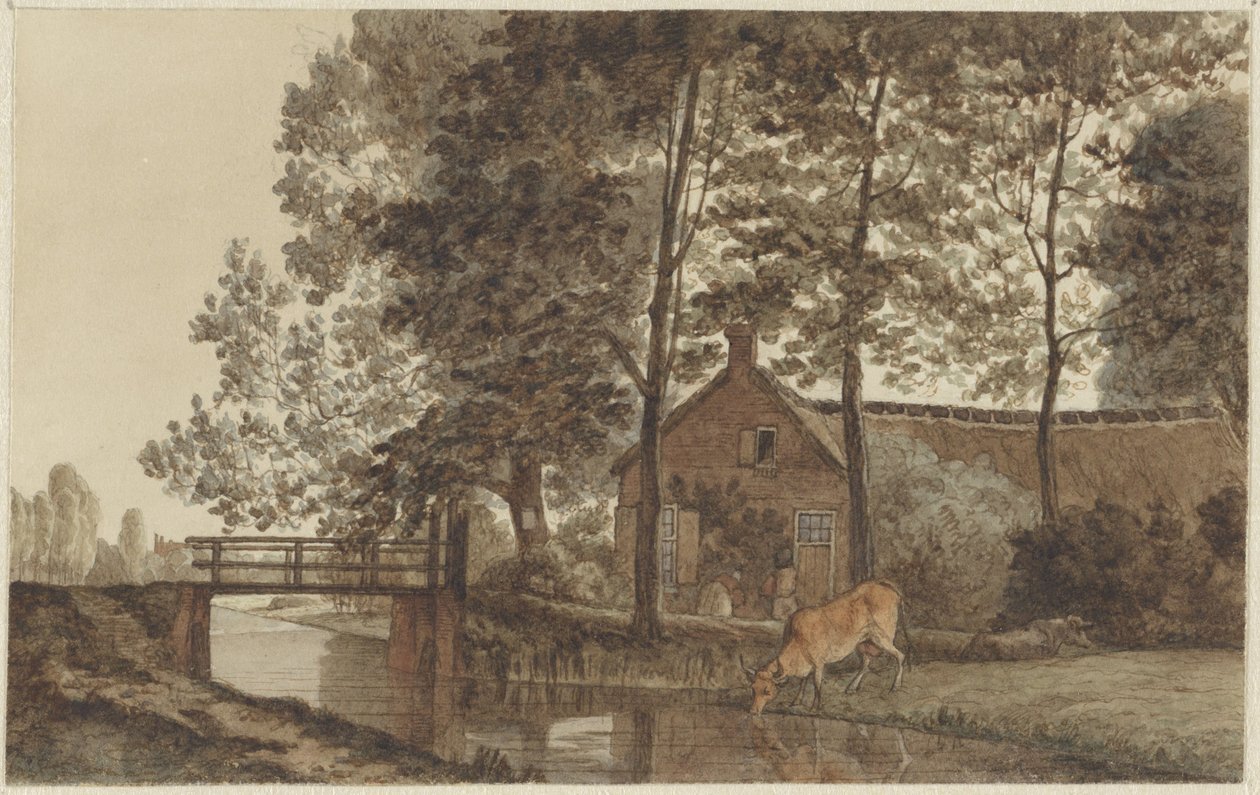 Utrecht'teki Biltstraat'ta inek içen çiftlik by Hendrik Abraham Klinkhamer