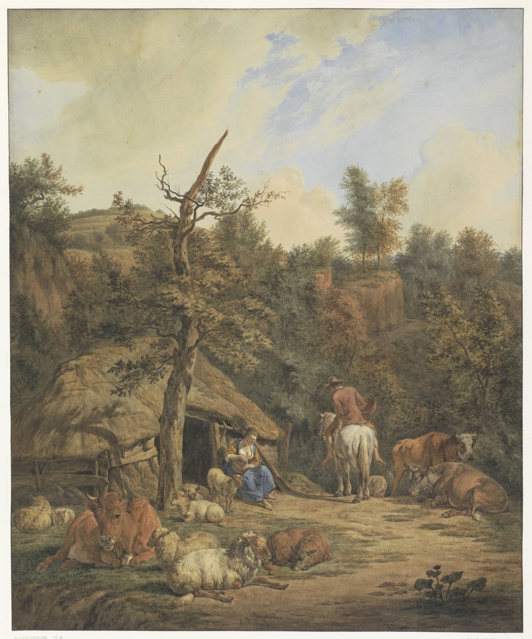 Çoban, çoban ve sığır harap bir ahırın önünde dinleniyor by Hendrik Abraham Klinkhamer