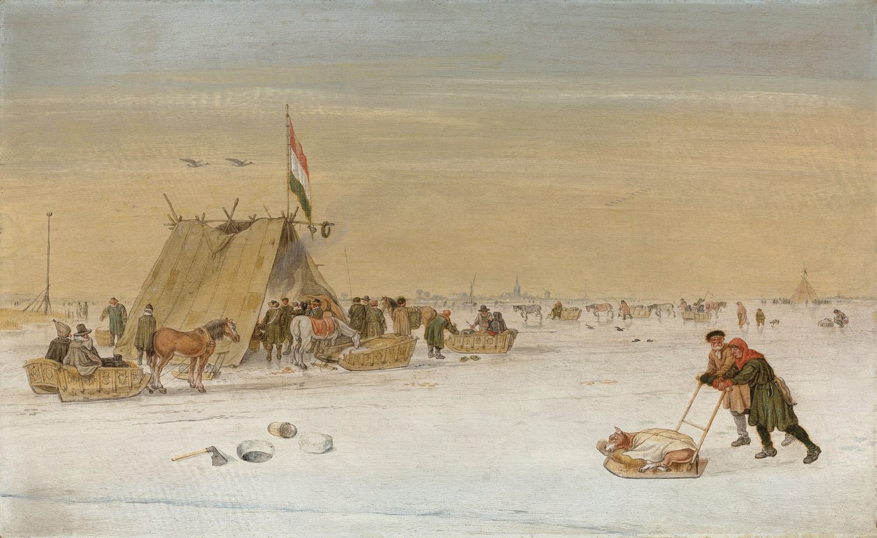 Bir koek-en-zopie çadırının yanında buz üzerinde figürlerin olduğu bir kış manzarası by Hendrik Avercamp