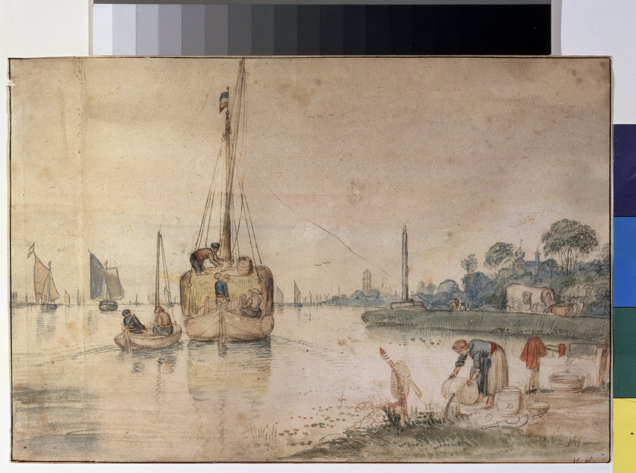 "Saman taşıyan bir mavna" (Samanlı bir mavna) Hendrick Avercamp (1585-1634) tarafından mürekkep ve sulu boya çizimi 1625-1630 Puşkin Güzel Sanatlar Müzesi, Moskova by Hendrik Avercamp