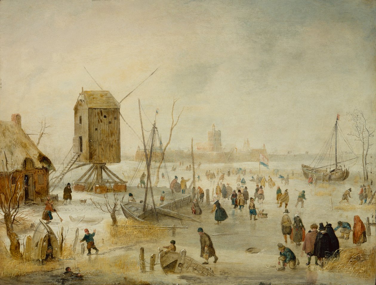 Yel Değirmeni yanında nehirde patenciler ile kış manzarası (bakır üzerine yağ) by Hendrik Avercamp