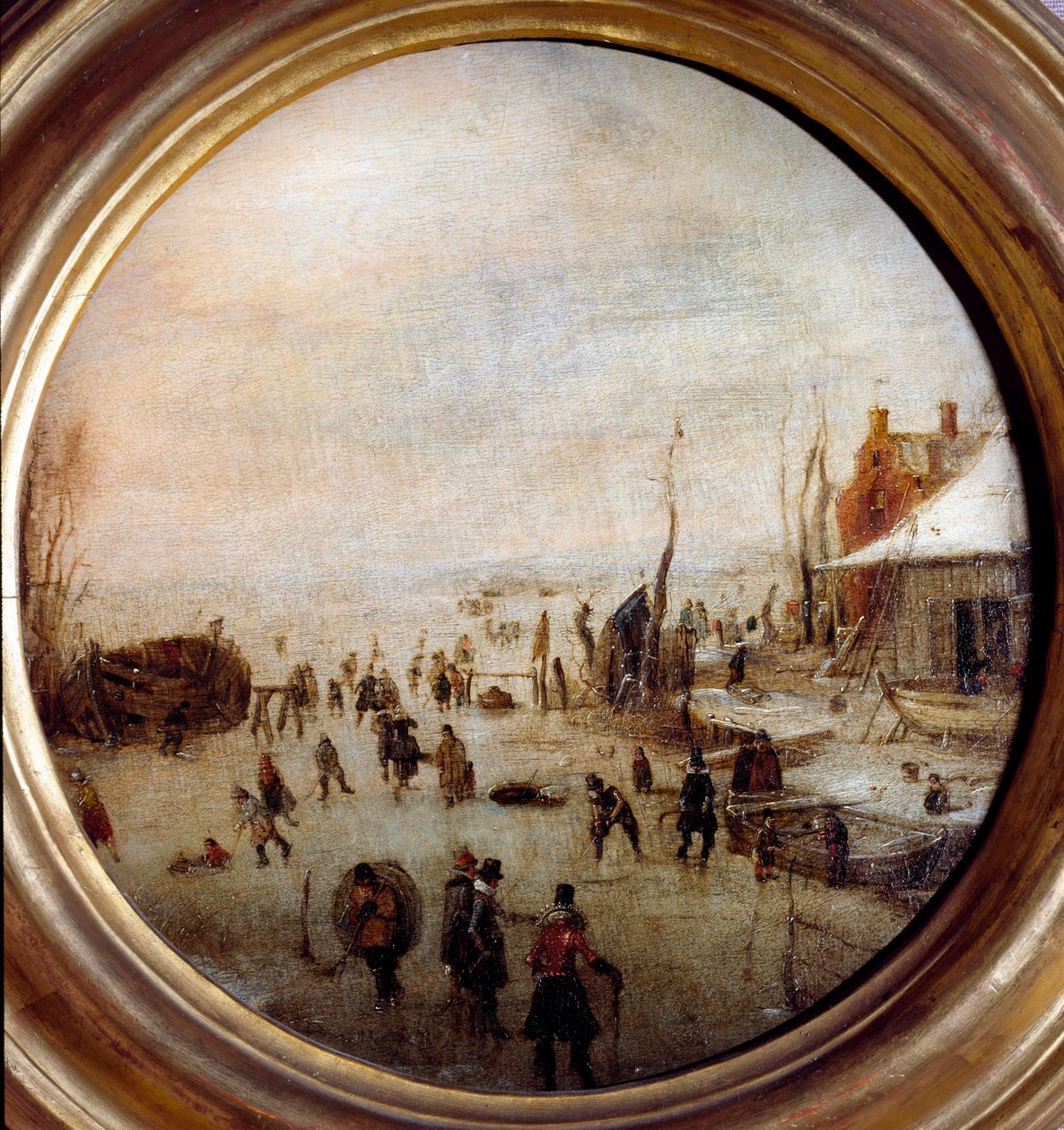 Buz patencileri ve hokey oyuncularıyla kış manzarası Resim Hendrick Avercamp (1585-1634) Çap 25 cm Musei di Strada Nuova (eski Palazzo Rosso) Genes İtalya by Hendrik Avercamp