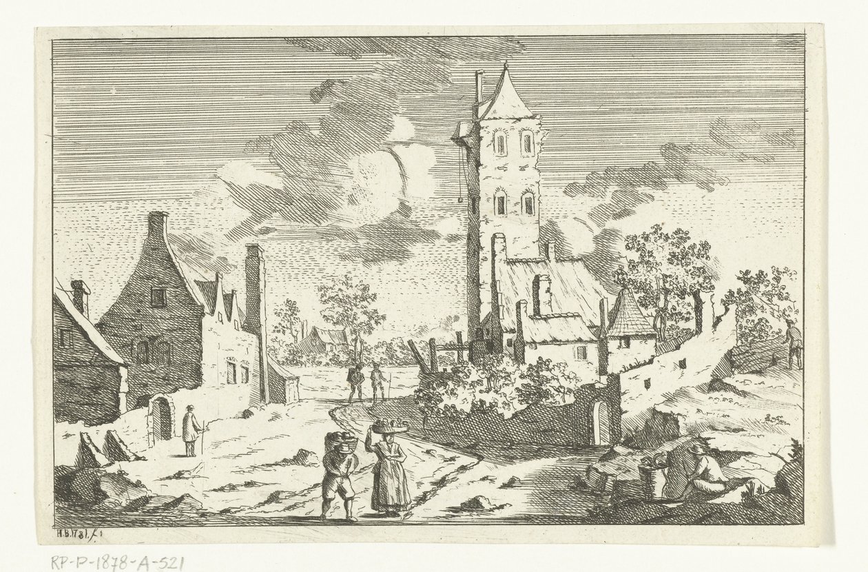 Rakamlarla kumlu bir yolda evler ve kule ile köy manzarası by Hendrik Berg