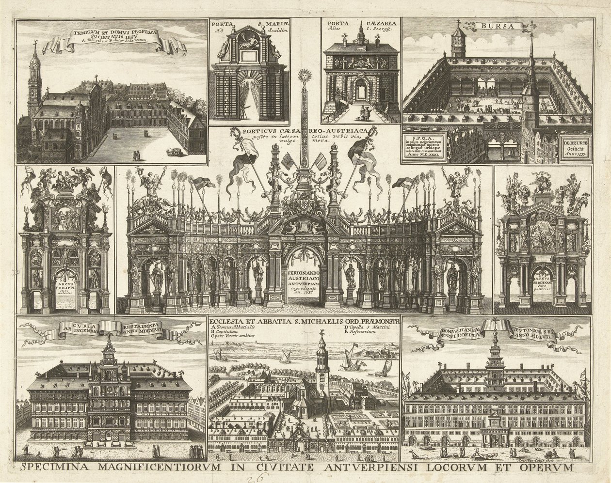 Blad bir araya geldi tien voorstellingen van de intocht van de Kardinaal Bebek Ferdinand te Antwerpen, 1635 Antwerp kentindeki muhteşem yerlerin ve eserlerin örnekleri (nesne üzerindeki başlık) by Hendrik Causé