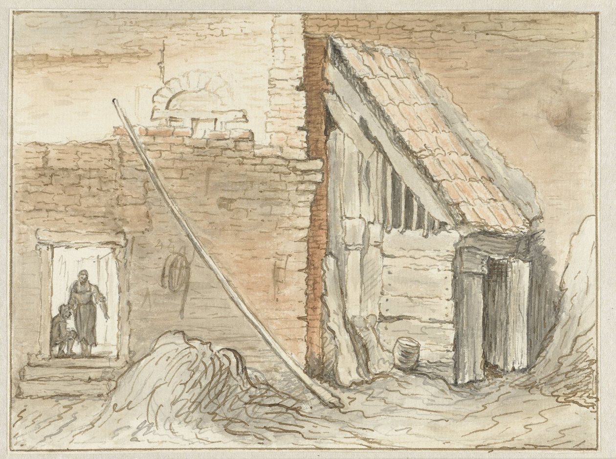 Bir duvarın köşesine inşa edilmiş ahır by Hendrik Chalon