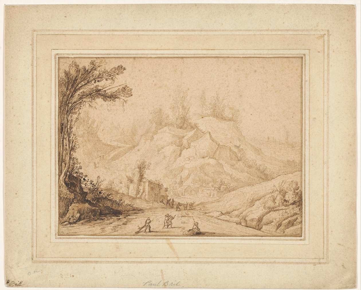 Bir hanın yakınında bir yolda rakamlarla dağ manzarası by Hendrick Cornelisz. Vroom